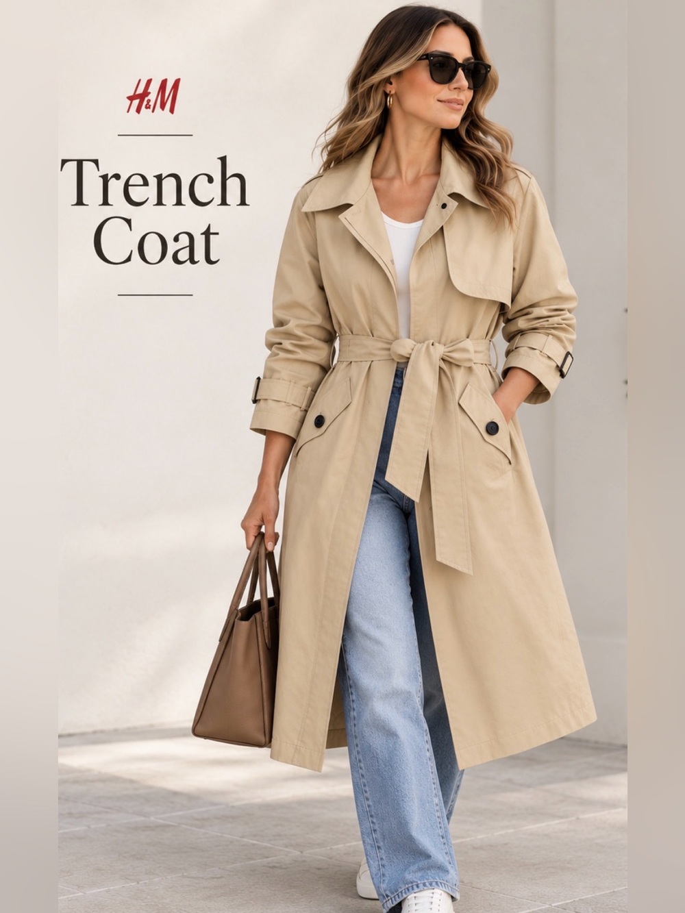 H&M Beige Trench Coat XS/S Belted Lightweight Oversized Classic Long Coat
